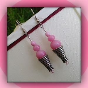 Hand made silver and pink beaded dangle earrings